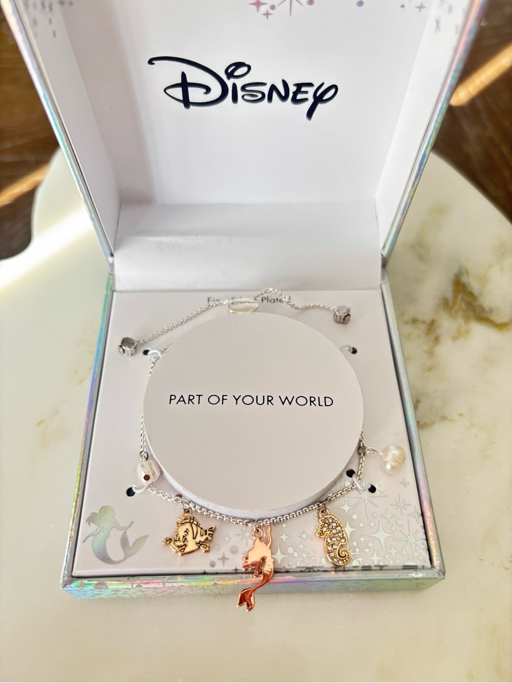 Disney Little Mermaid Cubic Zirconia and Mother of Pearl Charm Bolo Bracelet
